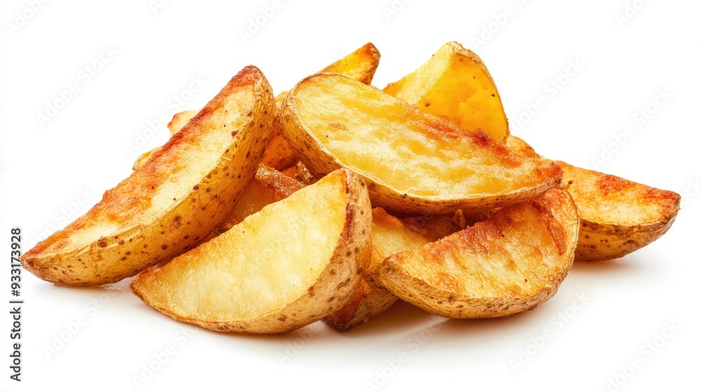 A pile of tasty, golden fried potato wedges, isolated on a bright white background, emphasizing their crispiness. A pile of tasty, golden fried potato wedges, isolated on a bright white background, emphasizing their crispiness.