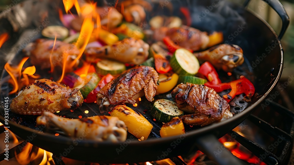 Cooked veggies and chicken wings over a flame Cooked veggies and chicken wings over a flame