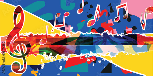 Musical background, play and download music concept. Musical notes on colorful backdrop. G-clef party poster