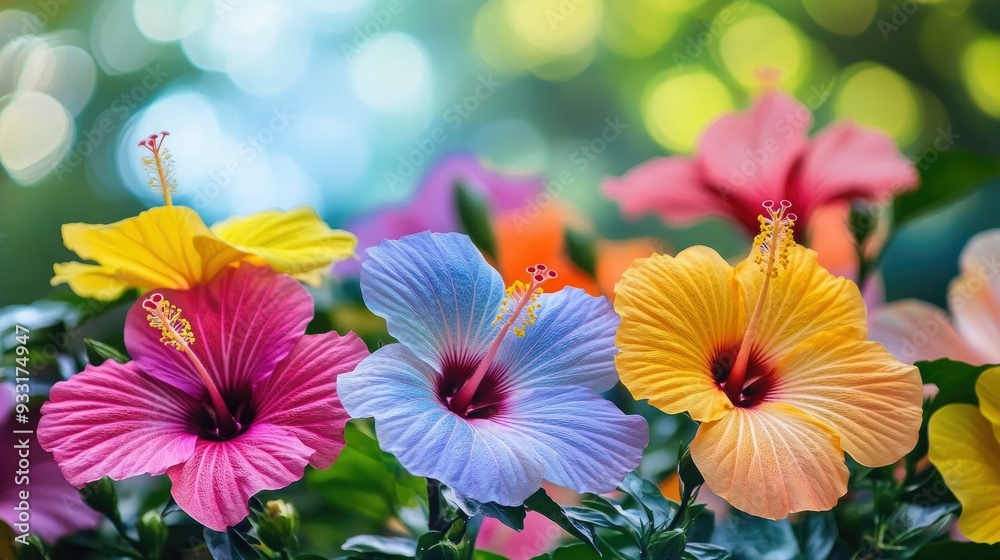 Fototapeta premium A rich array of multicolored hibiscus blooms arranged together, with a gentle bokeh effect in the background.