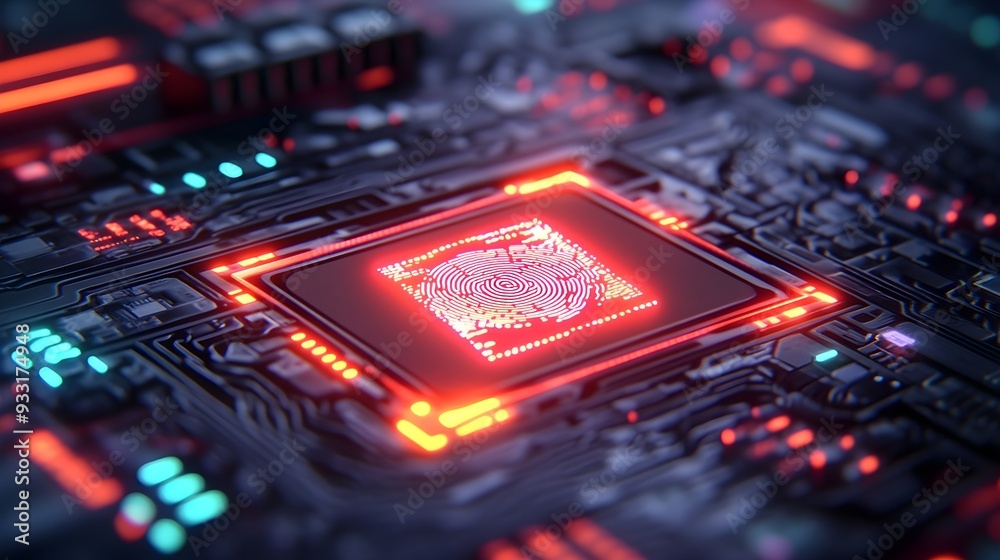 Obraz premium Fingerprint Scan on Circuit Board - Cyber Security Technology