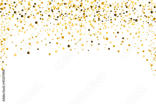 Sparkle golde glitter particles round confetti on transparent background. Abstract gold glitter confetti dots frame. Shimmering party tinsel on a festive holiday background