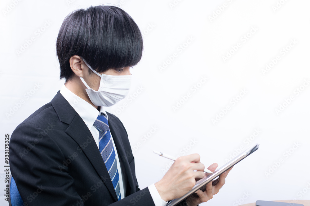 マスクをしてタブレットを操作する若いビジネスマン マスクをしてタブレットを操作する若いビジネスマン