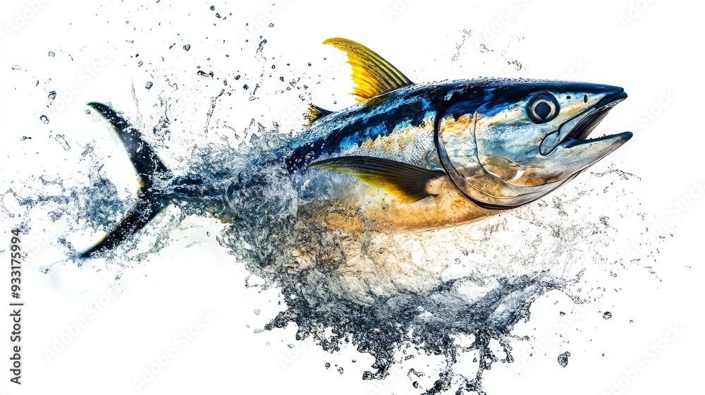 Fototapeta premium Beautiful tuna fish jumping out of the water with splashes, isolated on a white background.