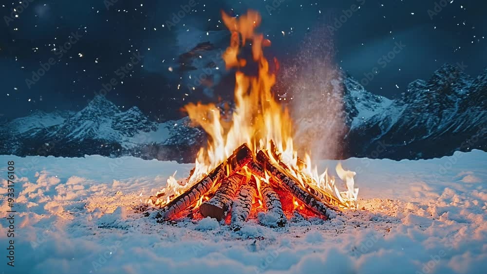 A warm fire crackles and glows amidst a snowy landscape, surrounded by majestic mountains and twinkling stars.