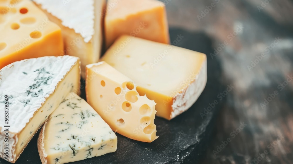A selection of various cheeses arranged on a rustic black wooden board for sharing and enjoying A selection of various cheeses arranged on a rustic black wooden board for sharing and enjoying