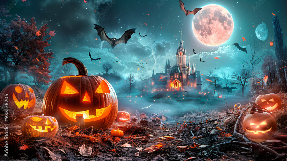 Fototapeta premium Spooky Halloween Night. Eerie Pumpkin Lanterns and Ghostly Figures. 