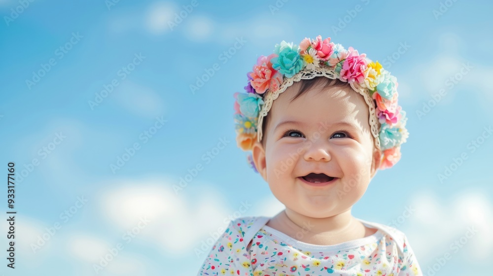 A baby girl with a flower crown beams happily under a clear blue sky filled with soft clouds A baby girl with a flower crown beams happily under a clear blue sky filled with soft clouds