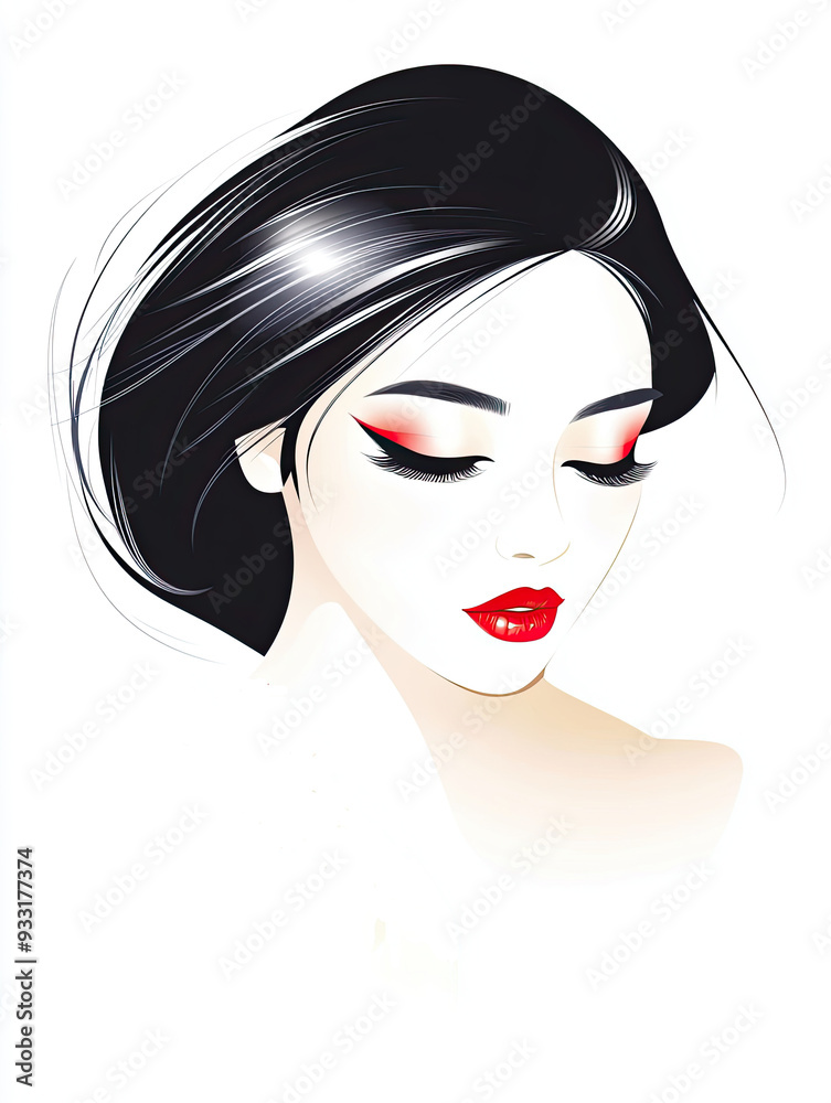 Asian beautiful lady with black hair in updo. Illustration portrait of face close up Asian beautiful lady with black hair in updo. Illustration portrait of face close up