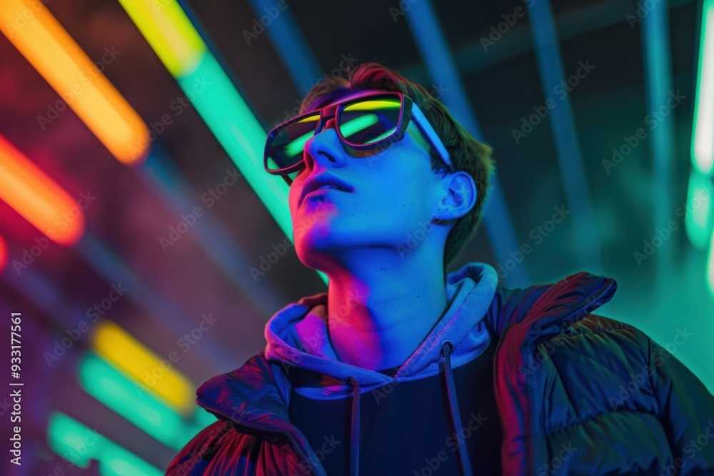Obraz premium Young Man Enjoying Music at Colorful Neon-Lit Party. Beautiful simple AI generated image