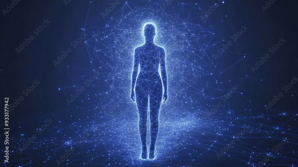 A glowing silhouette of a person surrounded by digital particles, symbolizing technology, innovation, and futuristic concepts.