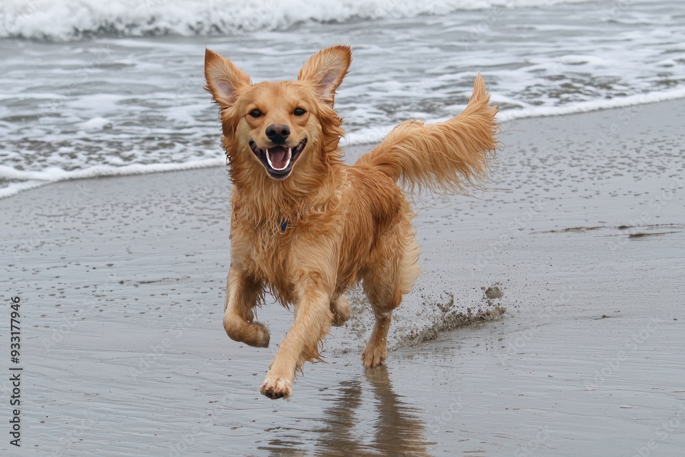 A happy golden retriever running joyfully on the beach, splashing in the water, capturing a moment of pure canine delight. A happy golden retriever running joyfully on the beach, splashing in the water, capturing a moment of pure canine delight.