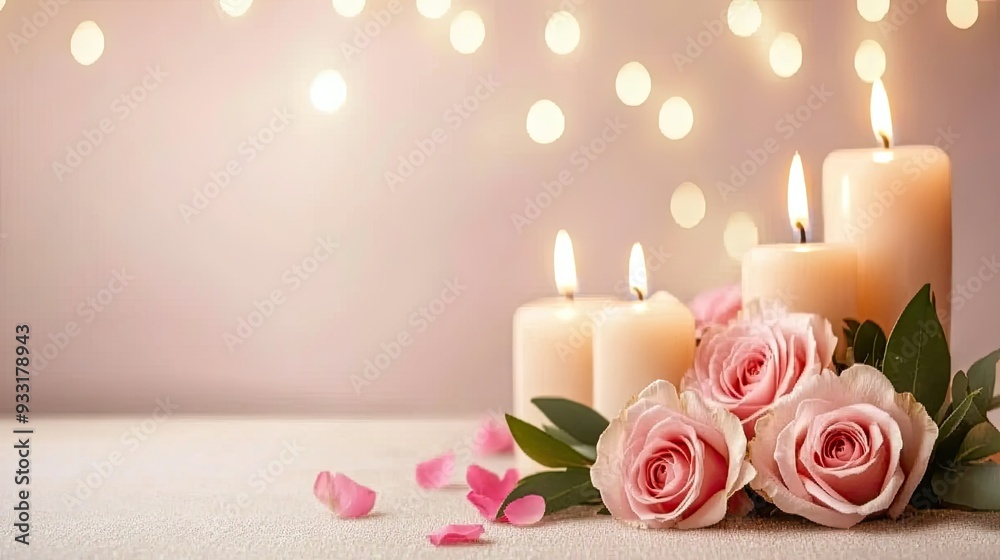 A romantic Valentine's Day dinner with soft candlelight and delicate pink roses on a beautifully set table A romantic Valentine's Day dinner with soft candlelight and delicate pink roses on a beautifully set table