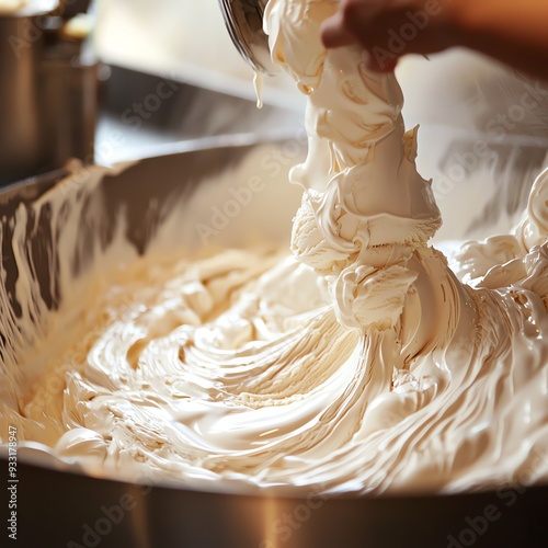 Close up of a chef mixing marshmallow fluff in a bowl.