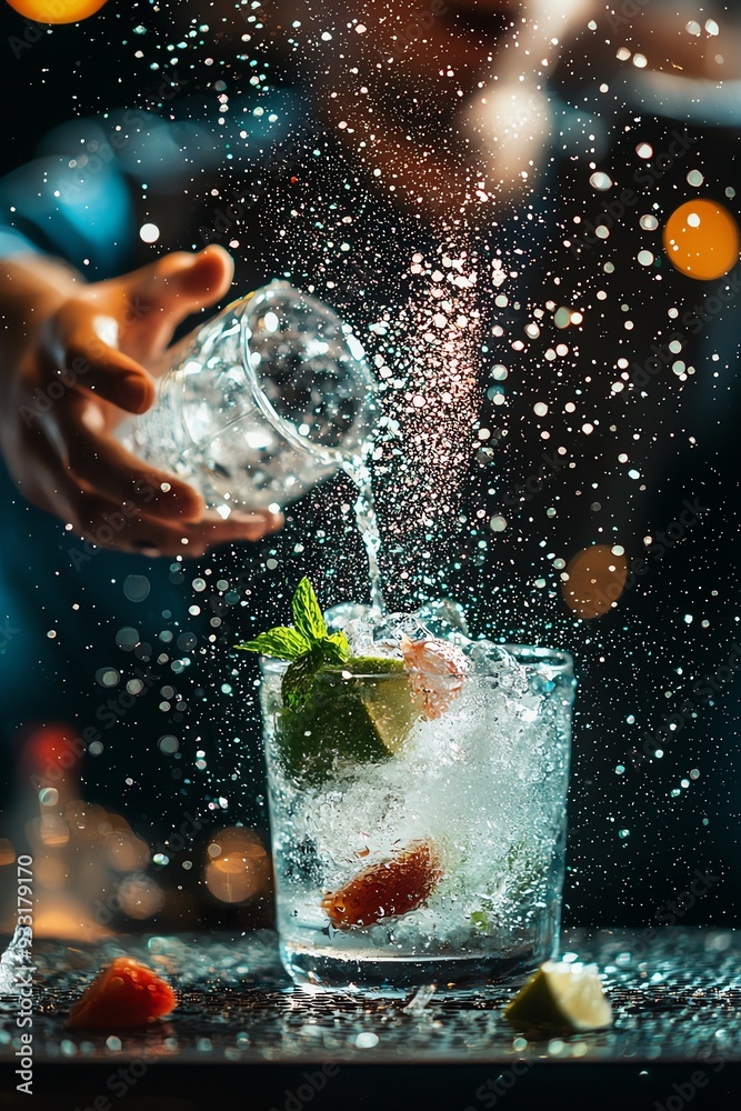 Close-up of a hand adding ice to a glass of water, creating a splash. Close-up of a hand adding ice to a glass of water, creating a splash.