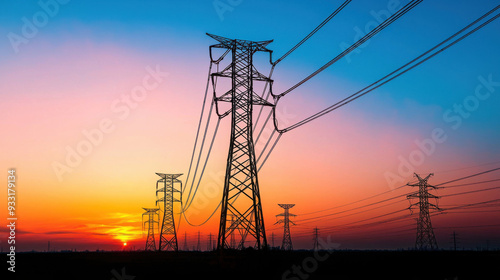 Scenic sunset view with power lines and towers silhouetted against a colorful sky, representing energy and infrastructure.