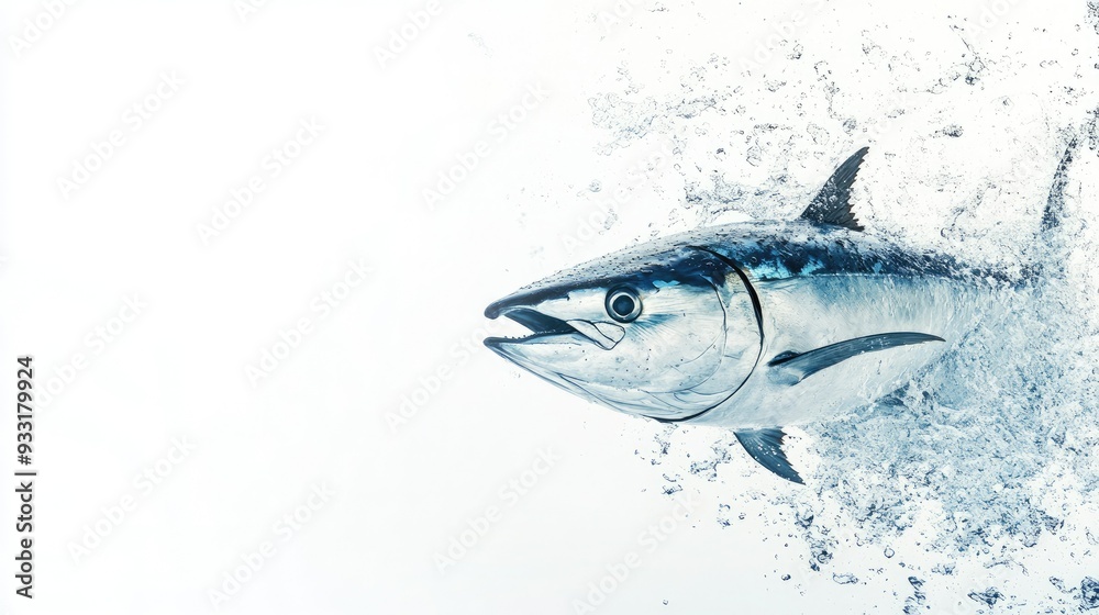 Action shot of a tuna fish breaking the waters surface, set against a simple white background. Action shot of a tuna fish breaking the waters surface, set against a simple white background.