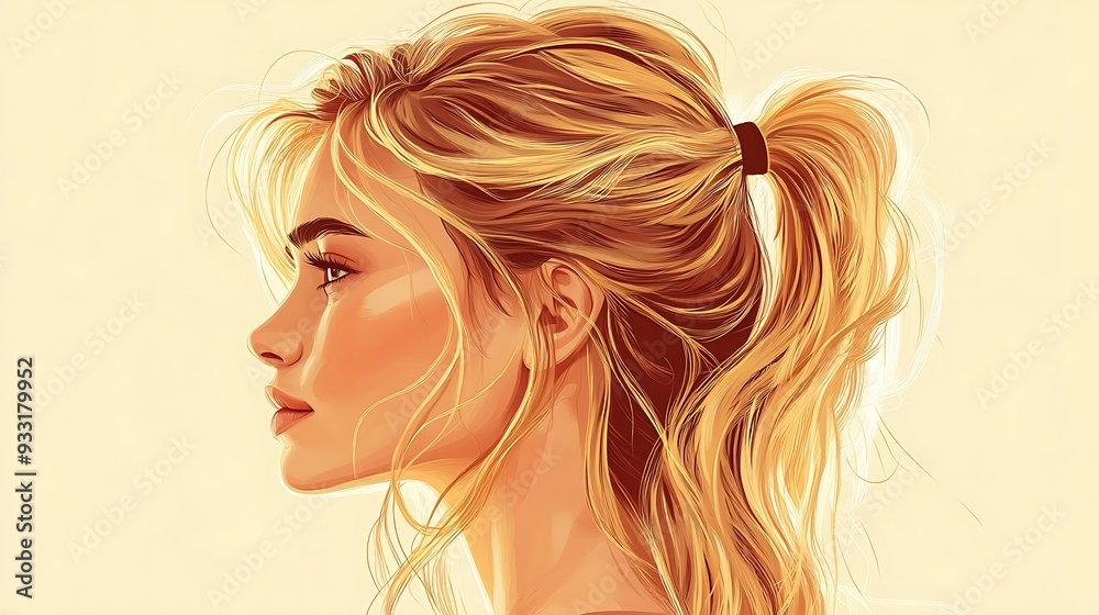 A digital painting of a woman with long blonde hair tied up in a ponytail, looking off to the side. A digital painting of a woman with long blonde hair tied up in a ponytail, looking off to the side.