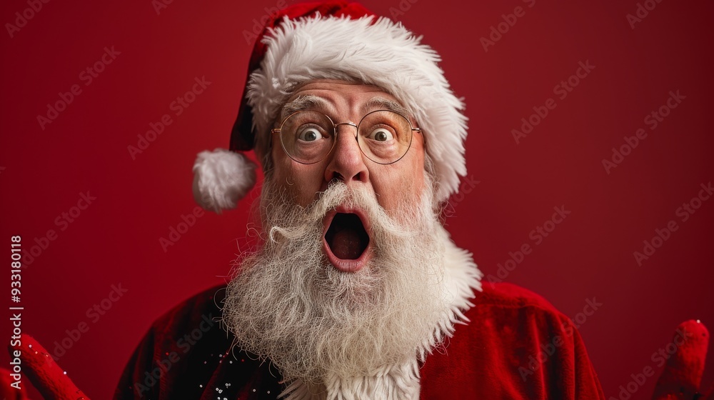 Santa Claus, with a surprised look, wide eyes, and open mouth, wearing his classic red hat and traditional glasses. Santa Claus, with a surprised look, wide eyes, and open mouth, wearing his classic red hat and traditional glasses.