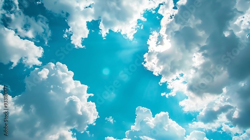 Blue sky background with clouds and sunlight. AI generation