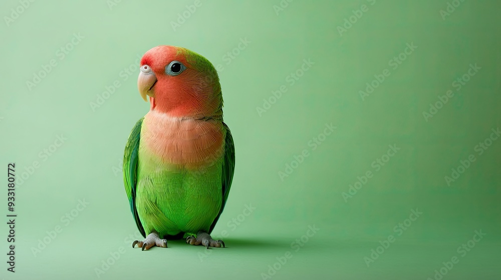 Naklejka premium Beautiful green lovebird parrot isolated on a soft green background, showing off its colorful feathers.