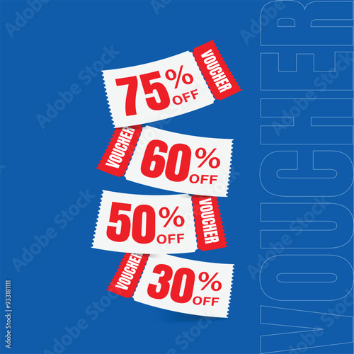 Flying red voucher with blue background, vouchers, exchange. Discount, profitable purchases, Offers, Special premium price offers sale coupon.