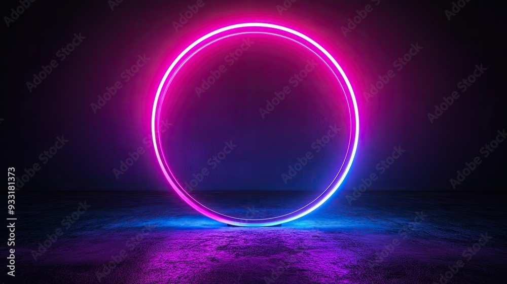 Fototapeta premium Circular neon light with a smooth gradient, creating a modern and dynamic effect on a dark backdrop.