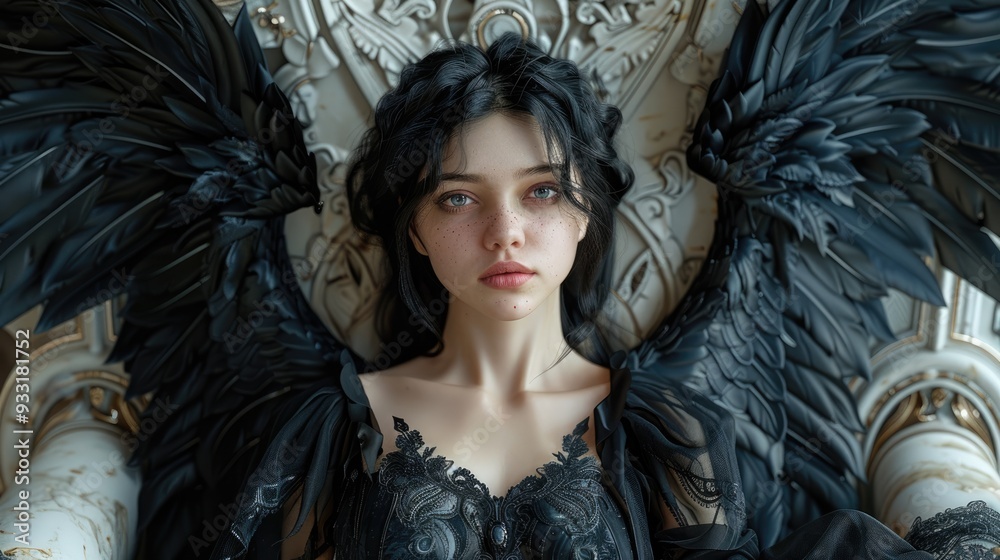 A close-up of an angelic woman with striking black wings, seated on a marble throne adorned with intricate designs, her wings spread majestically as she gazes thoughtfully into the distance. A close-up of an angelic woman with striking black wings, seated on a marble throne adorned with intricate designs, her wings spread majestically as she gazes thoughtfully into the distance.