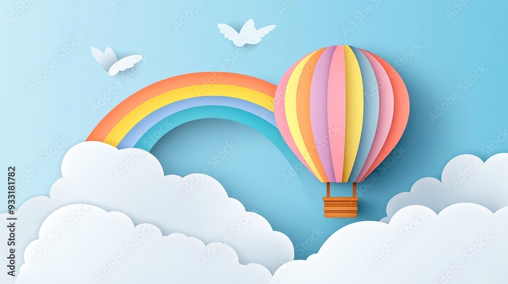 A paper-cut-style hot air balloon flying above the clouds with a rainbow A paper-cut-style hot air balloon flying above the clouds with a rainbow