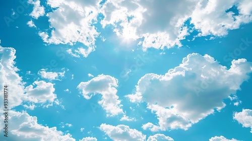 Blue sky background with clouds and sunlight. AI generation