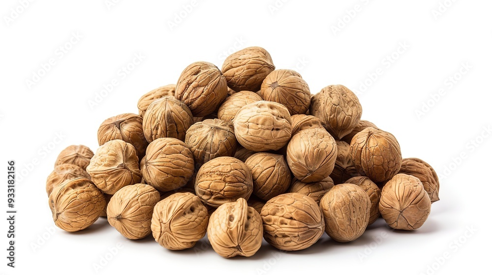 Heap of Walnuts on White Background: A Close-Up View of a Generous Pile of Whole Walnuts, Showcasing Their Rough, Textured Shells and Natural Brown Color Against a Crisp White Background. Heap of Walnuts on White Background: A Close-Up View of a Generous Pile of Whole Walnuts, Showcasing Their Rough, Textured Shells and Natural Brown Color Against a Crisp White Background.