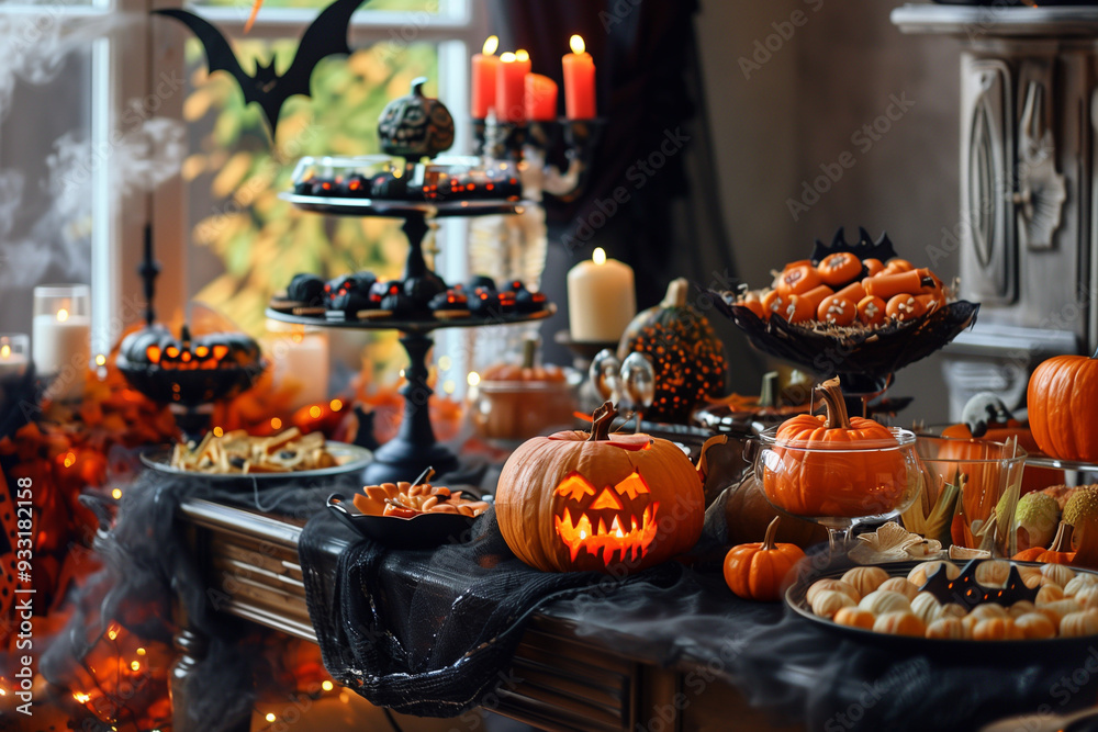 Halloween party table. Table with treats for Halloween party. Halloween party table. Table with treats for Halloween party.