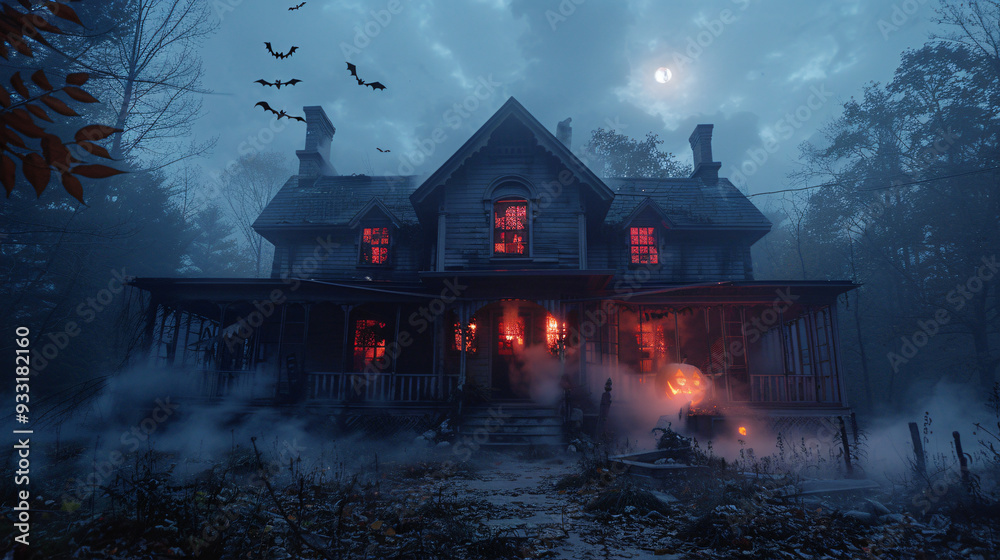 Spooky Halloween Night. Eerie Pumpkin Lanterns and Ghostly Figures.
