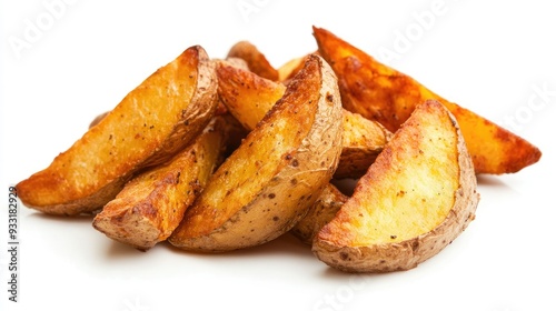 Delicious fried potato wedges with golden brown edges, placed against a white background.