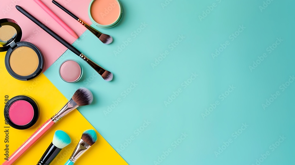 Cosmetics and decorative items for makeup on a flat colored background the idea of writing about fashion and beauty Cosmetics and decorative items for makeup on a flat colored background the idea of writing about fashion and beauty