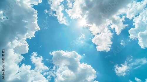 Blue sky background with clouds and sunlight. AI generation