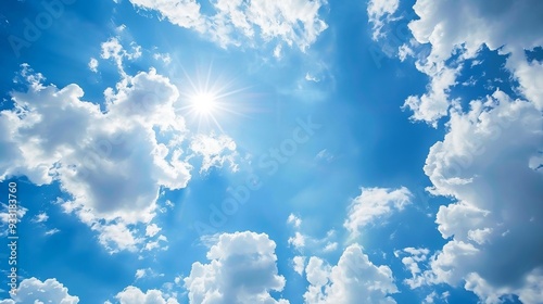 Blue sky background with clouds and sunlight. AI generation