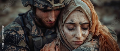 A soldier hugging a crying hijab woman