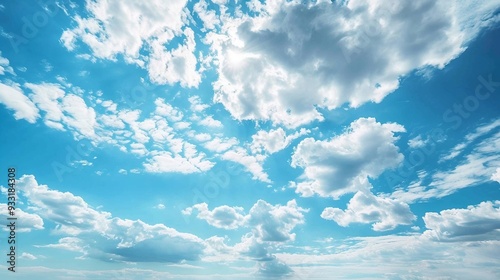 Blue sky background with clouds and sunlight. AI generation
