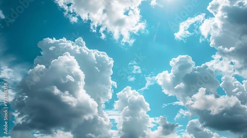 Blue sky background with clouds and sunlight. AI generation