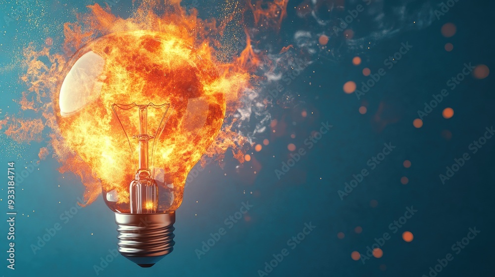 Light bulb explosion with flames, captured in 3D rendering, on a blue background, symbolizing creative ideas. Light bulb explosion with flames, captured in 3D rendering, on a blue background, symbolizing creative ideas.