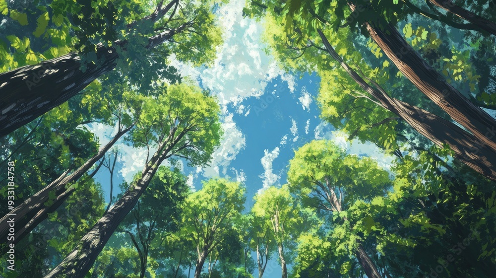 Fototapeta premium Lush green foliage stretches towards a bright blue sky, with slender tree trunks framing the vibrant scene.
