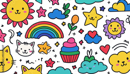 Doodles dessins kawai chat mignon adorable enfant pastel arc-en-ciel.