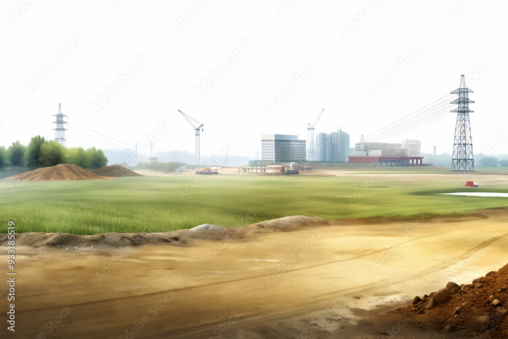 Photo Realistic as Open field with construction site concept as A wide open field with a construction site in the distance symbolizing growth and hard work perfect for business presentations needing a Photo Realistic as Open field with construction site concept as A wide open field with a construction site in the distance symbolizing growth and hard work perfect for business presentations needing a