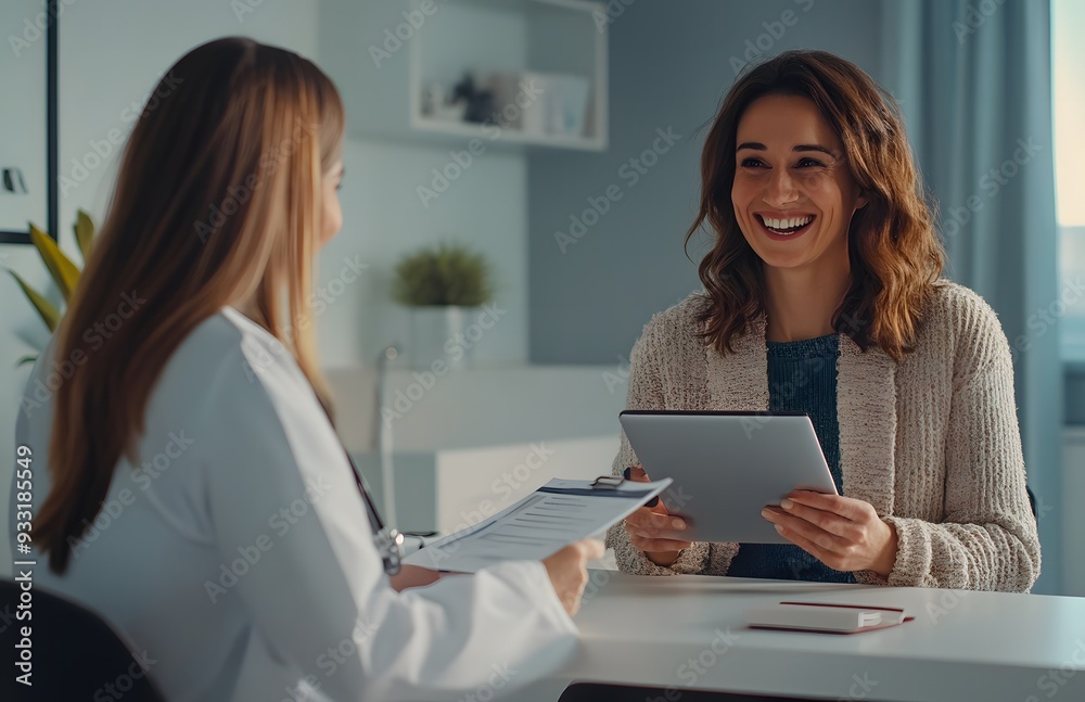 female doctor with tablet pc computer talking to smiling woman patient at hospital female doctor with tablet pc computer talking to smiling woman patient at hospital
