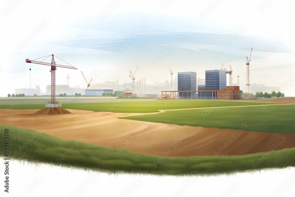 Photo Realistic as Open field with construction site concept as A wide open field with a construction site in the distance symbolizing growth and hard work perfect for business presentations needing a Photo Realistic as Open field with construction site concept as A wide open field with a construction site in the distance symbolizing growth and hard work perfect for business presentations needing a