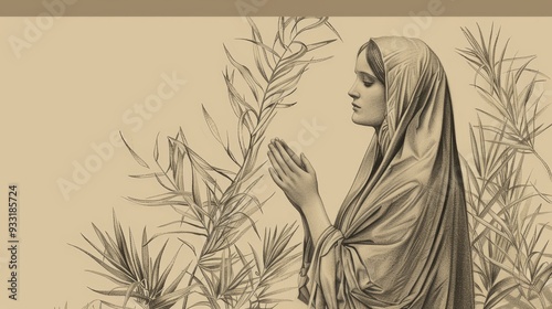 Fausta the Devout, Praying with Palm Branch, Serene Garden Setting, Biblical Illustration, Beige Background, Copyspace photo