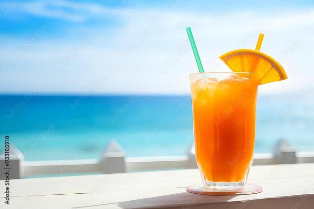 Glass of orange juice on wooden table on the beach, blue seashore background Glass of orange juice on wooden table on the beach, blue seashore background