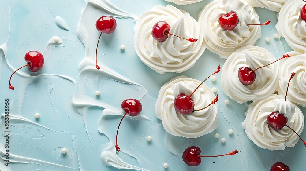 Cream layer frosting and cherry slices on a sandy blue background Cream layer frosting and cherry slices on a sandy blue background