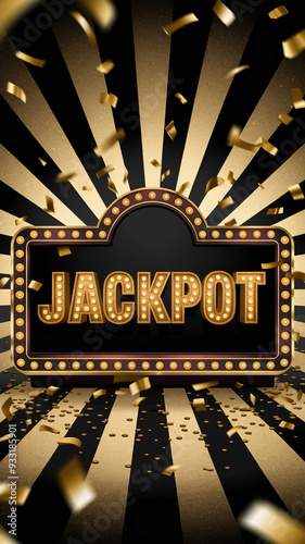 Jackpot retro signboard with glowing light bulbs, golden confetti, and a black and gold sunburst background, evoking a luxurious and celebratory casino atmosphere for events, parties